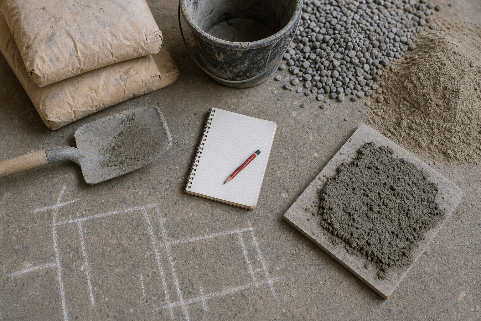 Materiaux de chantier avec ciment, sable, gravier et seaux